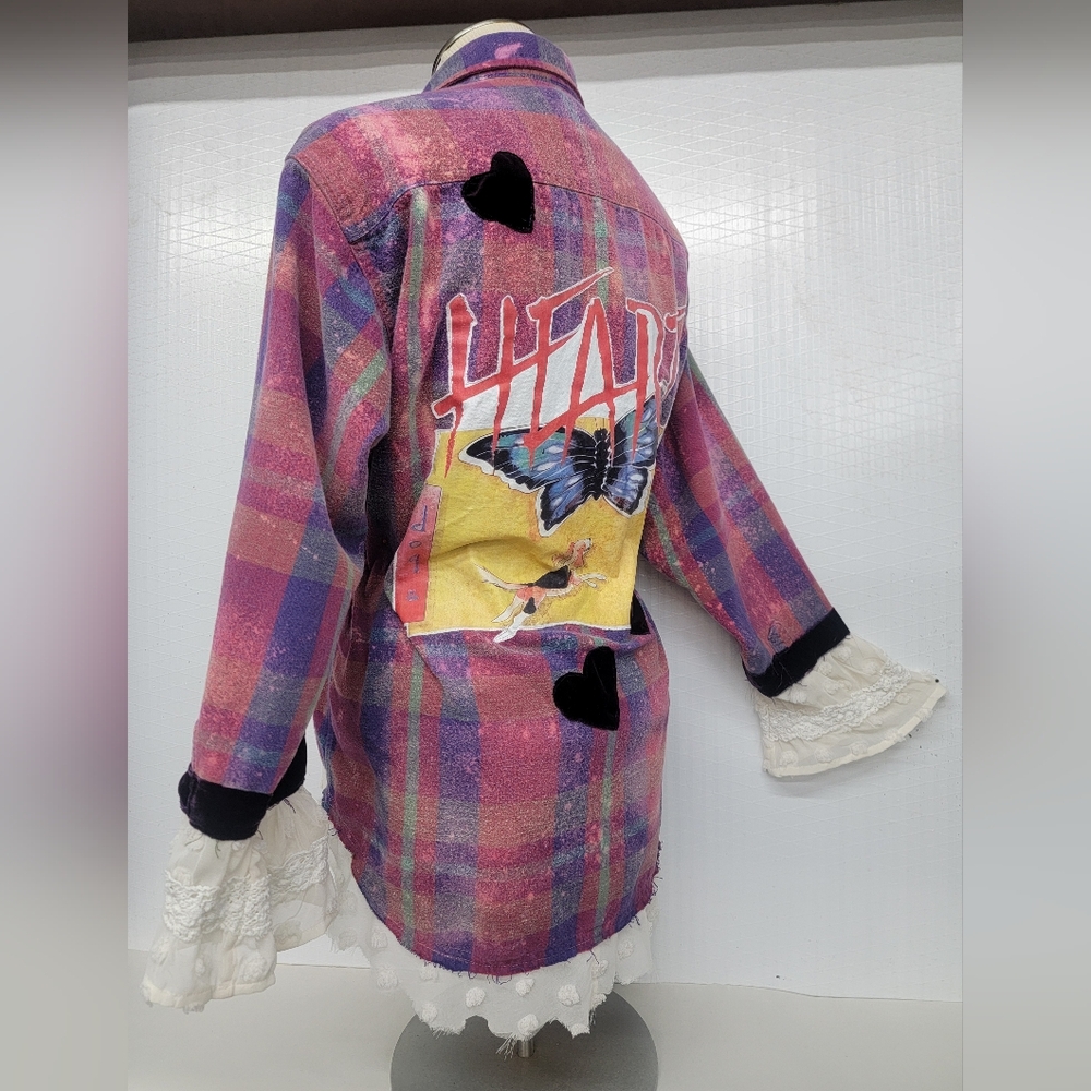 Upcycled Vintage Heart Rock Band Flannel Shirt Shacket  With Velvet & Lace - Picture 5 of 13